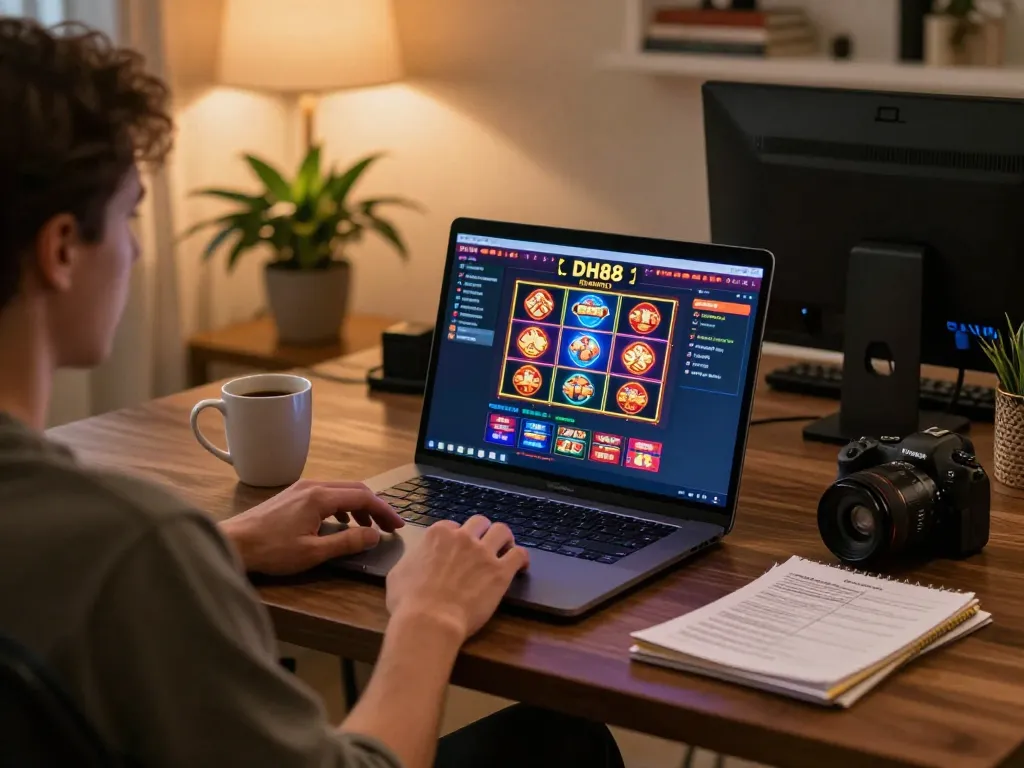 Engaging in an online game at DH88, highlighting a well-organized gaming setup with a laptop and strategy notes.