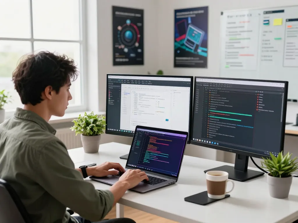 引人入胜的科技工作空间，展示开发者编码和屏幕上的Telegram下载应用，明亮的办公室氛围。