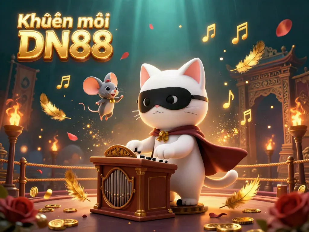 Engage with Khuyến mãi DN88 as the 3D cartoon phantom cat plays organ amidst golden casino elements.