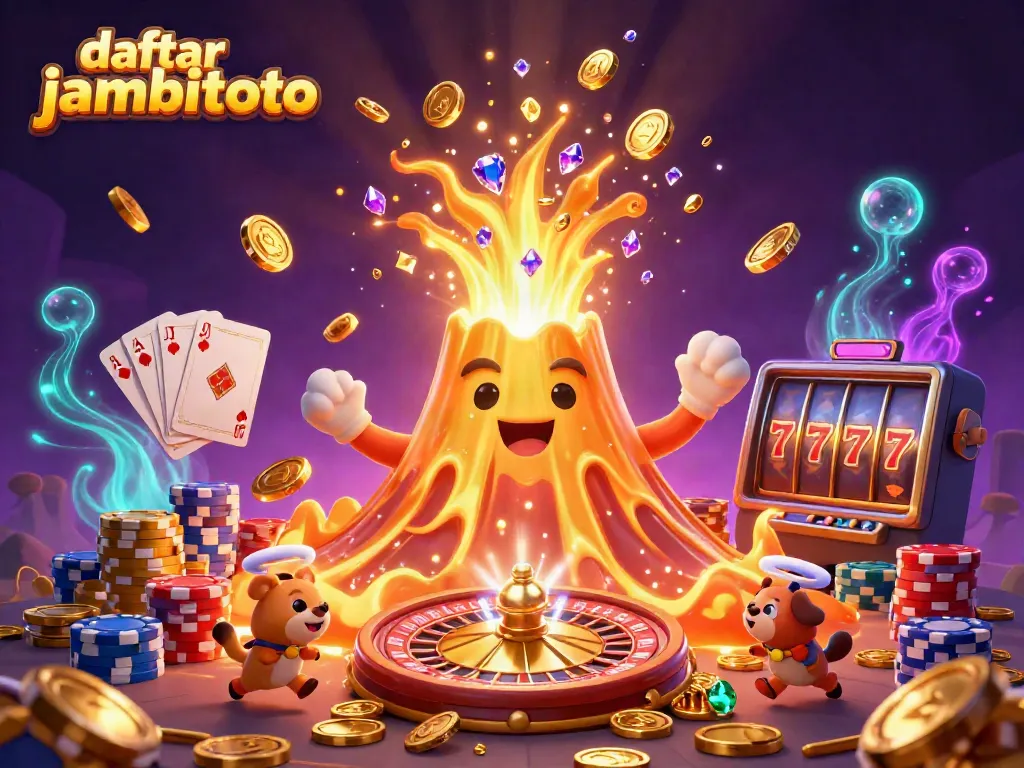 Engage in winning strategies with daftar jambitoto, featuring a golden volcano, treasure animals, and sparkling jewels.