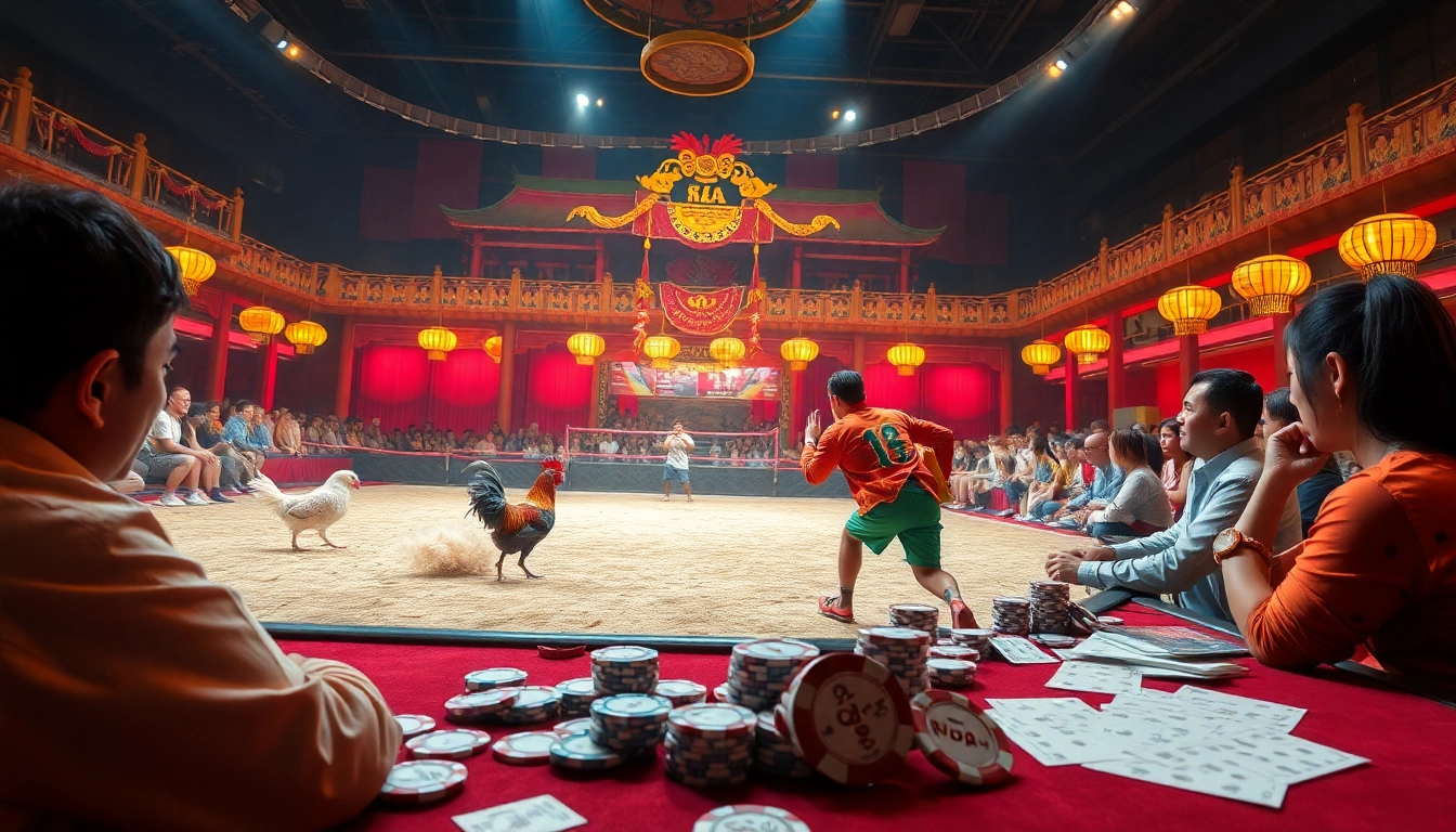 Live cockfighting captivating gamblers at đá gà trực tiếp event, showcasing thrilling betting moments.