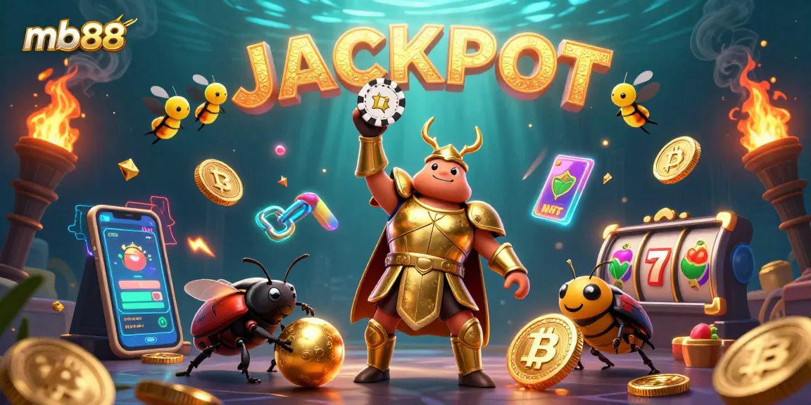 Experience mb88 excitement with a victorious hercules beetle in a gambling scene full of elements like slot reels and crypto coins.