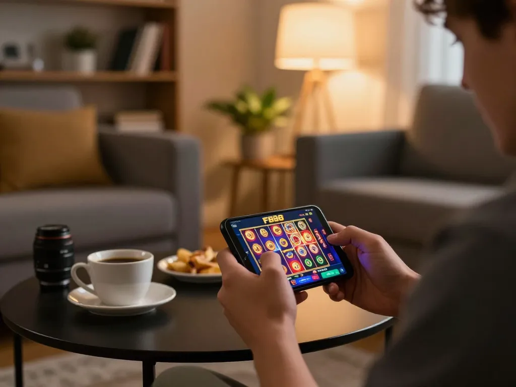 Engaging with FB88 mobile app for thrilling slot games in a cozy living room.