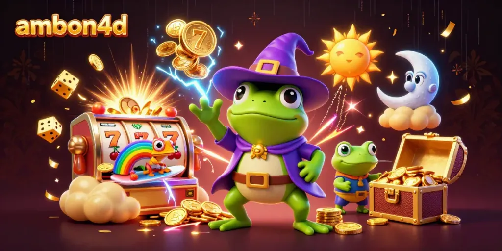 Experience ambon4d excitement with our cartoon wizard and chameleon in a vibrant casino scene.