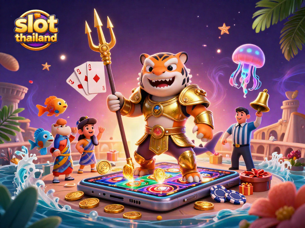 Experience the thrill of slot thailand with a dynamic underwater scene featuring a gladiator shark amidst casino elements.