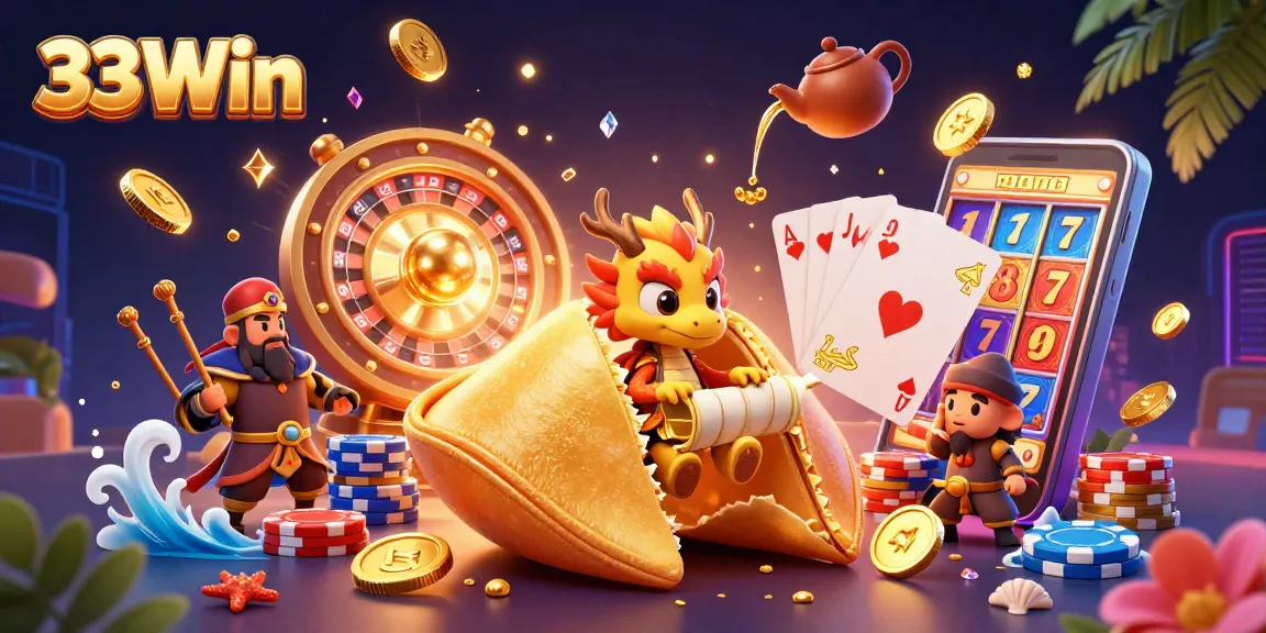 Spin and win with 33Win's vibrant casino scene featuring dynamic characters and gold coins.