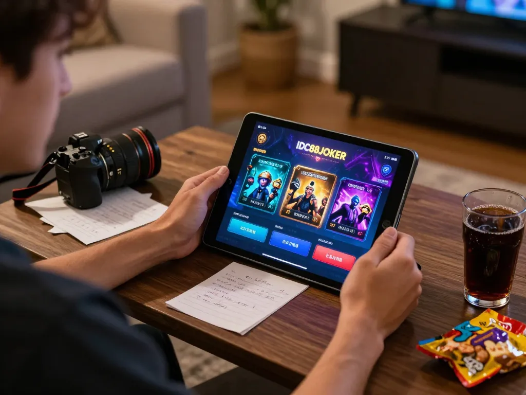Engaging player exploring IDC88JOKER online casino interface at home