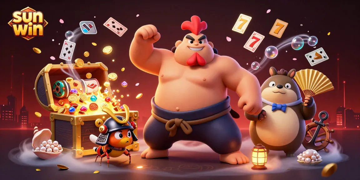 Experience thrilling wins with sun win in an action-packed casino scene featuring vibrant characters and slot elements.