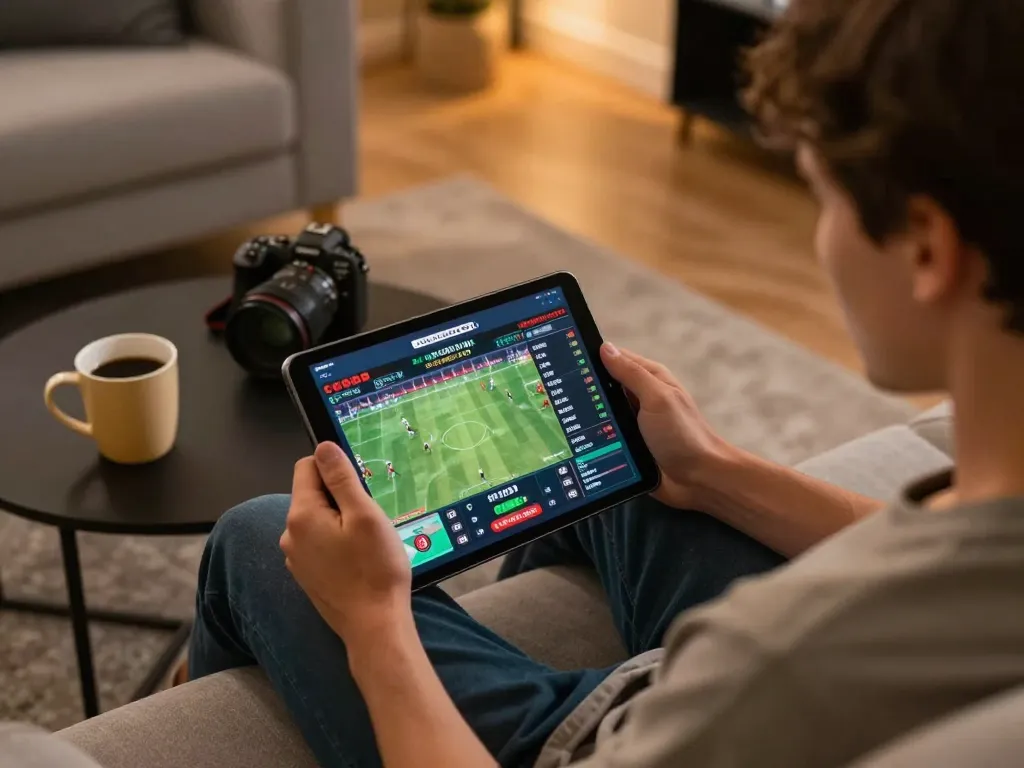 Engage in uu88 love for sports betting with a mobile setup showcasing live updates and a focused player.