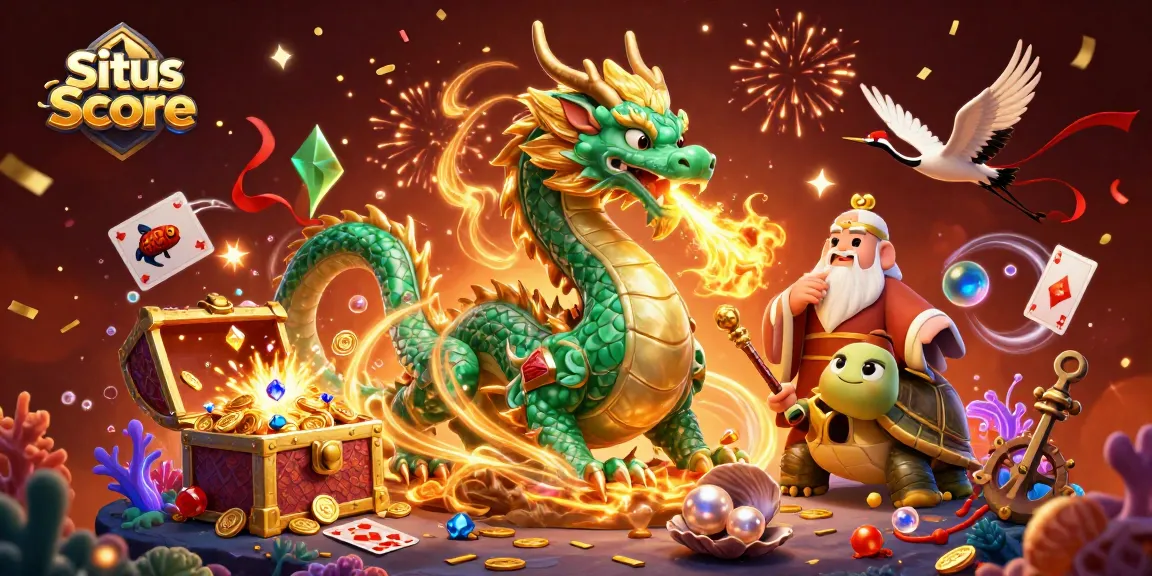 Situs Live Score showcases an engaging illustration of luck and gaming featuring a dragon and turtles.