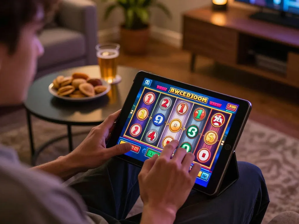 Playing slot thailand on a tablet with colorful reels and paylines in a cozy home setting.