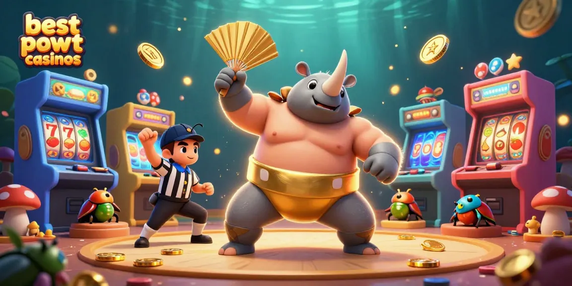 Experience the thrill of the best payout casinos as a sumo beetle champion sends coins flying in a vibrant arcade scene.