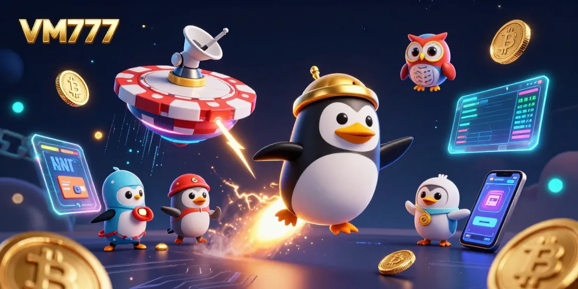 Experience excitement at VM777 casino with a golden penguin and crypto elements in space.