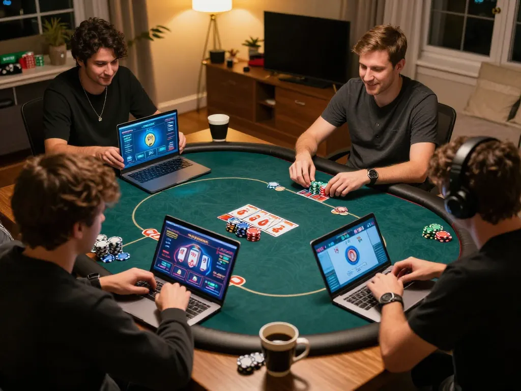789bethv players engaging in an intense online poker game at home, showcasing strategy and excitement