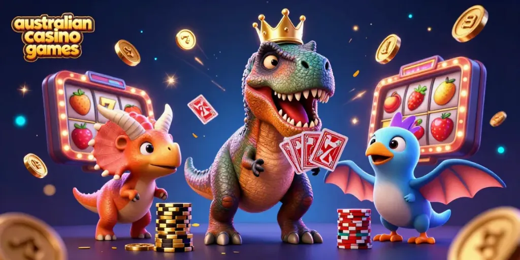 Engage in australian casino games with a fun T-Rex, a pterodactyl, and a triceratops amidst casino elements like reels and coins.