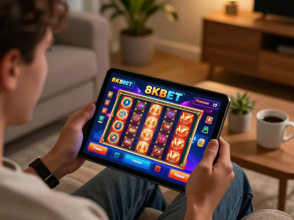 Engaging user experience at 8KBET showcasing online slot gameplay with vibrant visuals, cozy home setting.