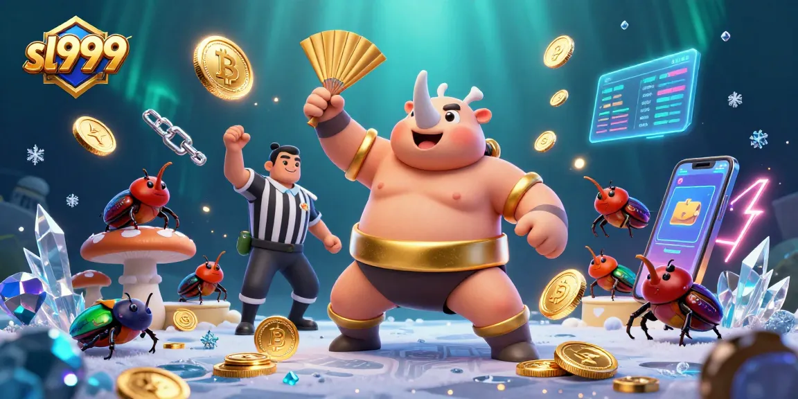 Experience the thrill of sl999 gaming with our vibrant 3D beetle championship scene surrounded by crypto coins.