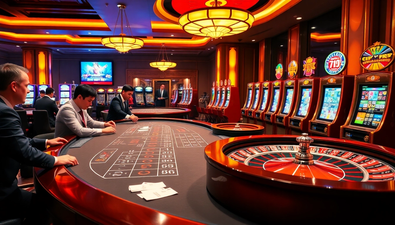Capture the excitement of tỷ lệ 7m with a vibrant casino scene featuring players at baccarat and roulette tables.