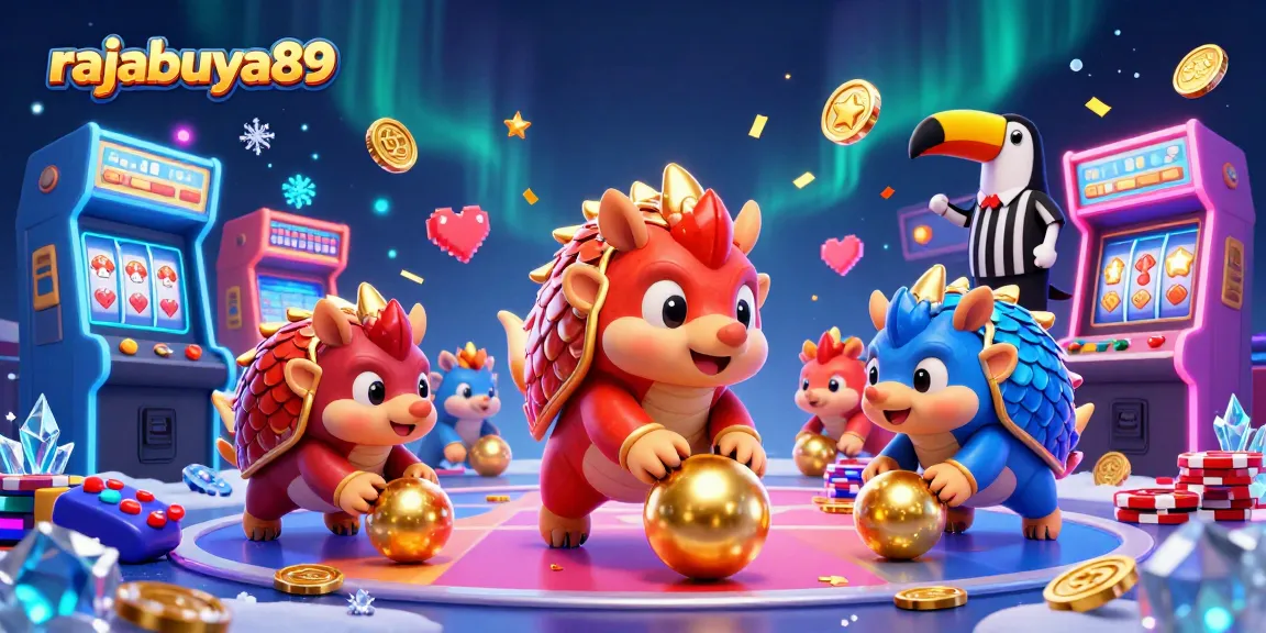 Engage with rajabuya89 through a vibrant casino-themed scene featuring interactive gaming elements and energetic characters.