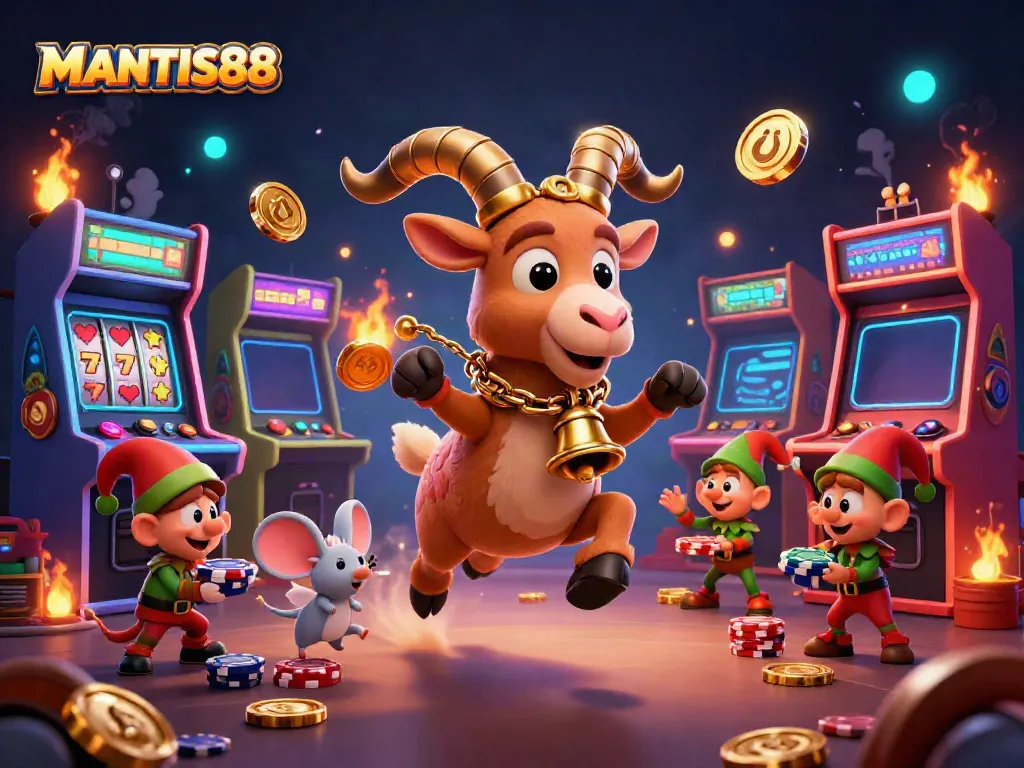 Engage with MANTIS88 as festive gremlins steal poker chips in a lively casino scene.