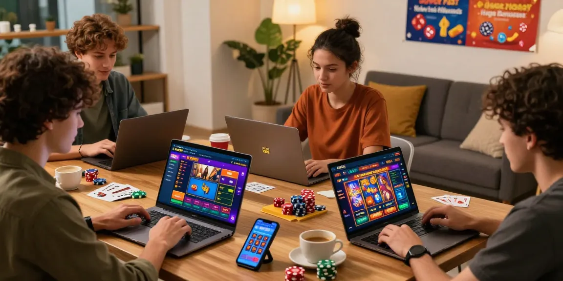 Players enjoying the Trang chủ hm88 online gaming experience on laptops and mobile devices in a vibrant setting.