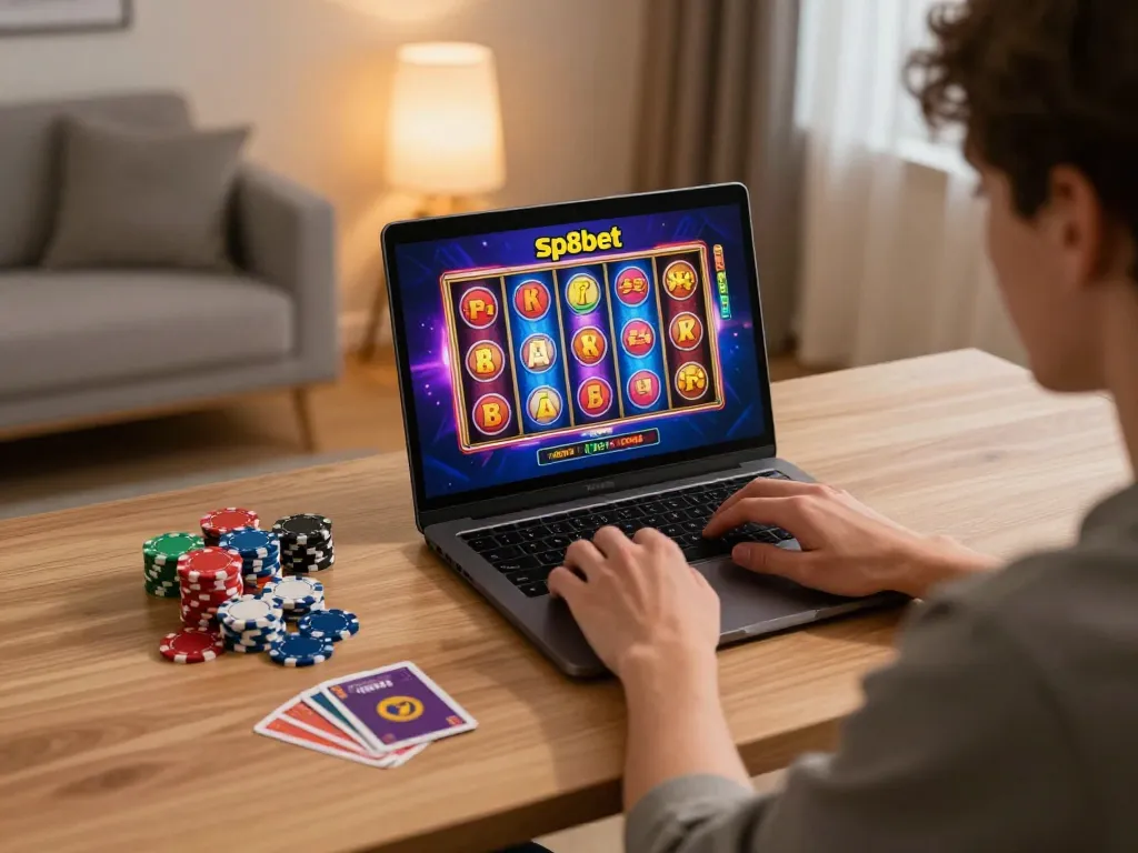 An engaged player enjoys vibrant sp8bet online casino games at home, showcasing excitement and responsible gaming.