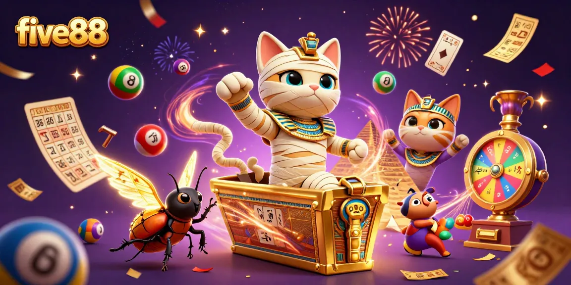 Engage with five88's thrilling gameplay featuring a dynamic Egyptian mummy-themed casino scene.