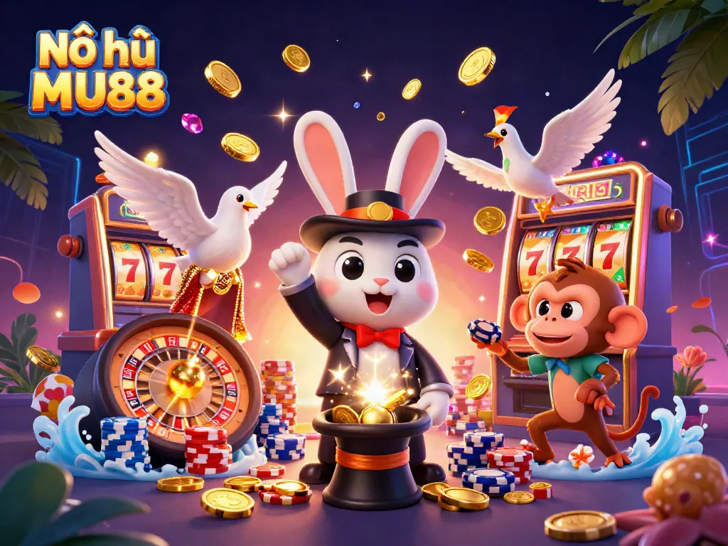 Experience thrilling gameplay with Nổ hũ MU88 as the magician rabbit presents golden coins, creating a magical atmosphere in the casino!