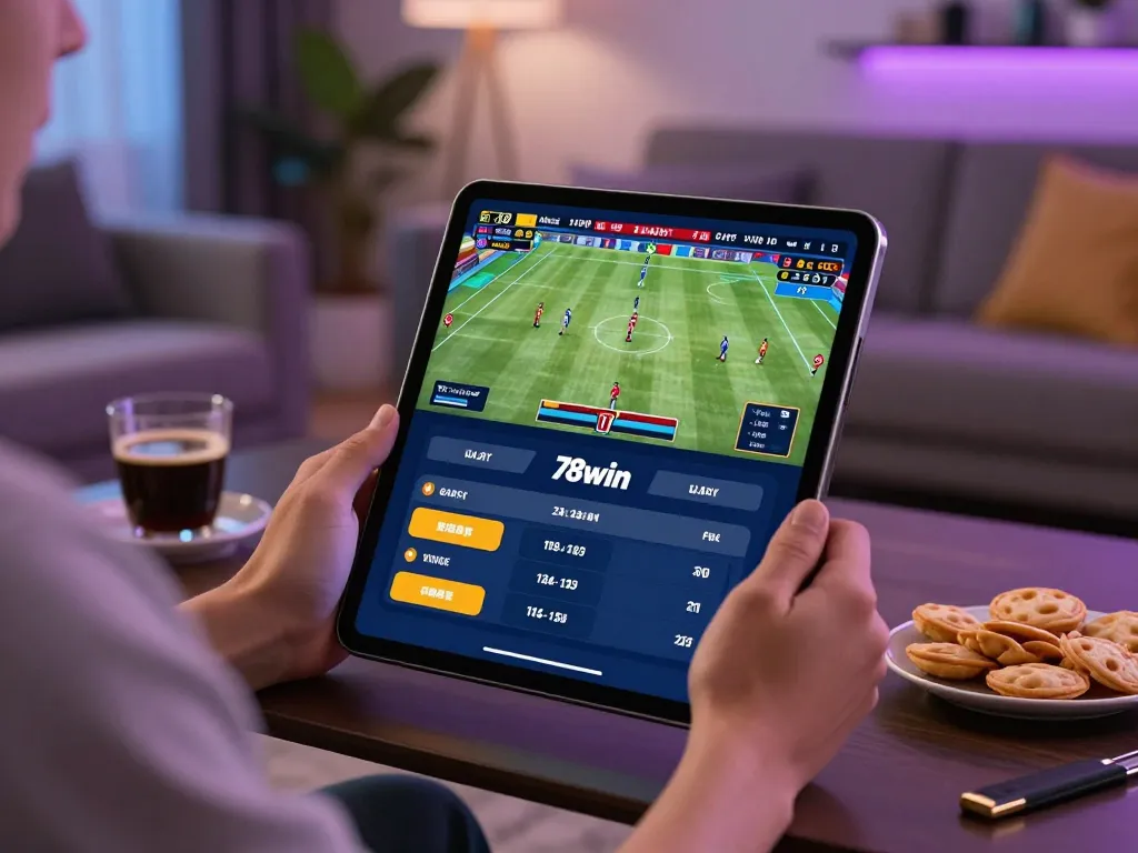 Engaged user placing bets on 78win sports betting app in a modern living room setting