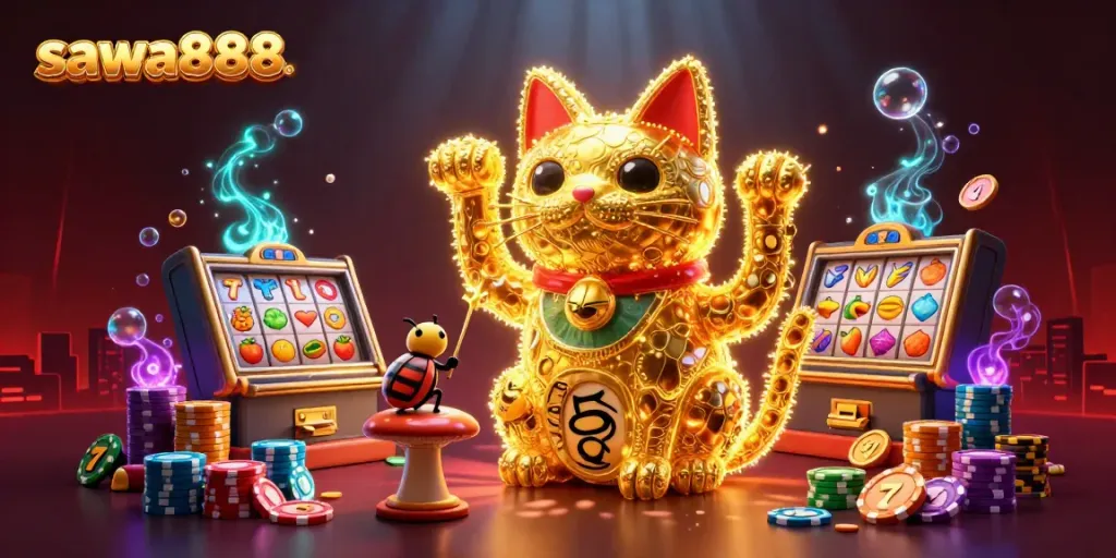 Experience the vibrant action of sawa888 with golden fireflies forming a lucky cat and colorful slot symbols.