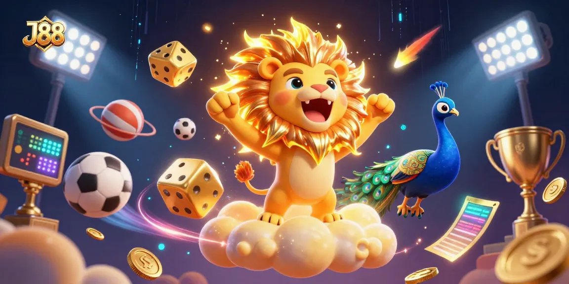 Engage with J88 sports betting strategies amid a festive 3D casino scene with vibrant elements.