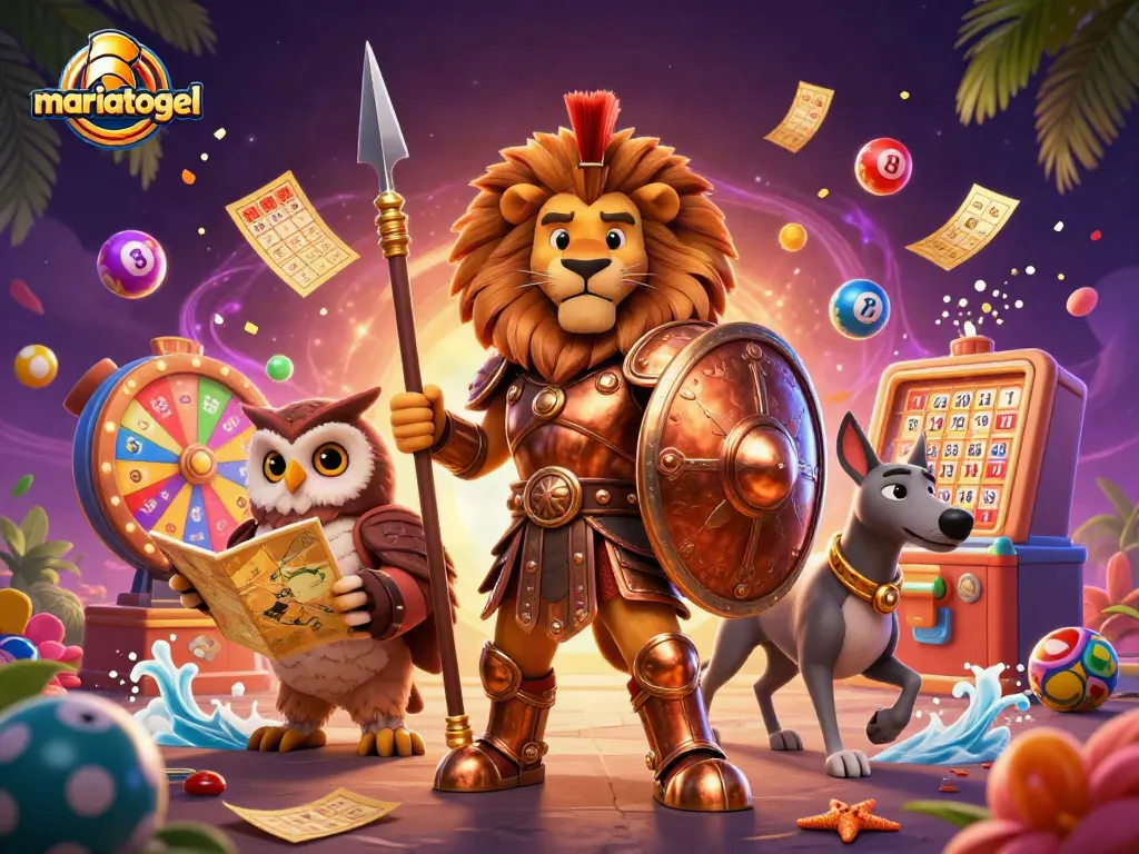 Join the action at mariatogel where a Spartan lion, owl strategist, and greyhound messenger illustrate a vibrant lottery experience.