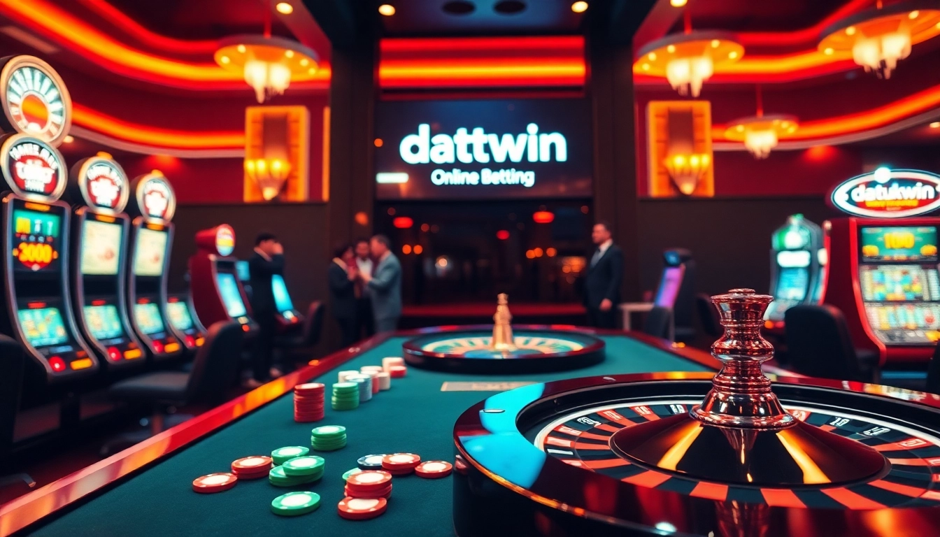Suasana kasino yang mendebarkan dengan meja poker dan roda roulette yang menampilkan branding Datukwin.