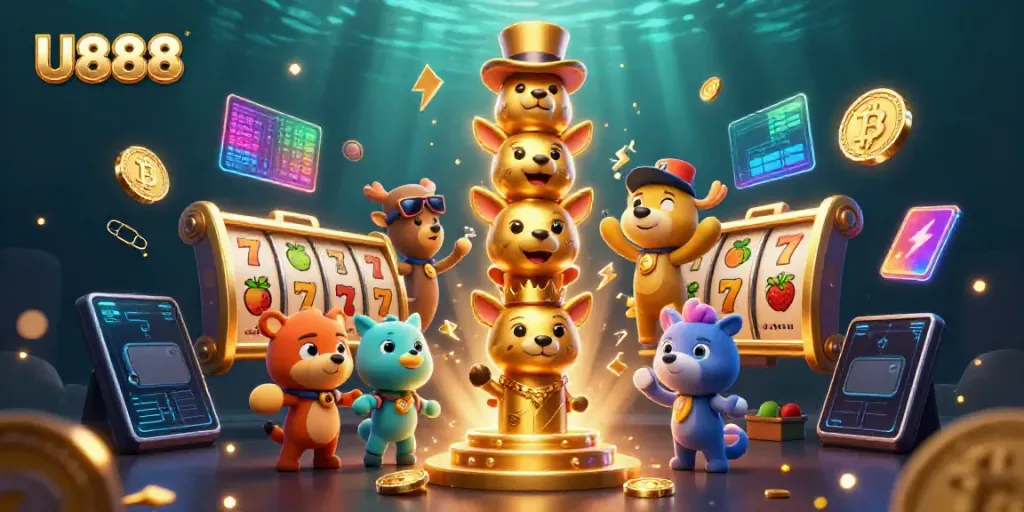 Experience thrilling gaming with U888, featuring a dynamic golden totem and vibrant slot symbols.