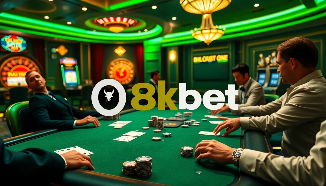 Join the excitement at 8kbet's luxurious casino with poker chips and a roulette table.