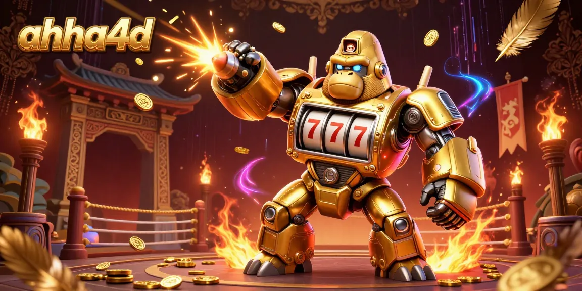Engage with ahha4d's vibrant gaming world featuring a powerful golden gorilla mech surrounded by gold coins and dynamic elements.