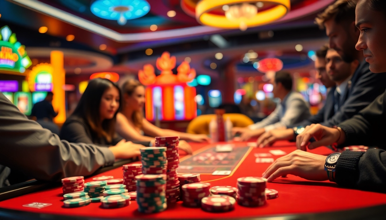 Nemo69 menghidupkan suasana kasino yang penuh semangat dengan pemain poker yang berinteraksi.