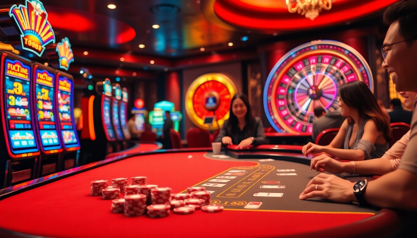Experience the thrill of tg88 đăng nhập at a luxurious casino with vibrant gaming tables.