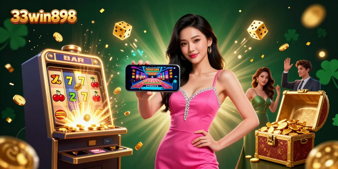 Engage with 33win898's exciting live dealer games, featuring a confident woman showcasing modern gaming.