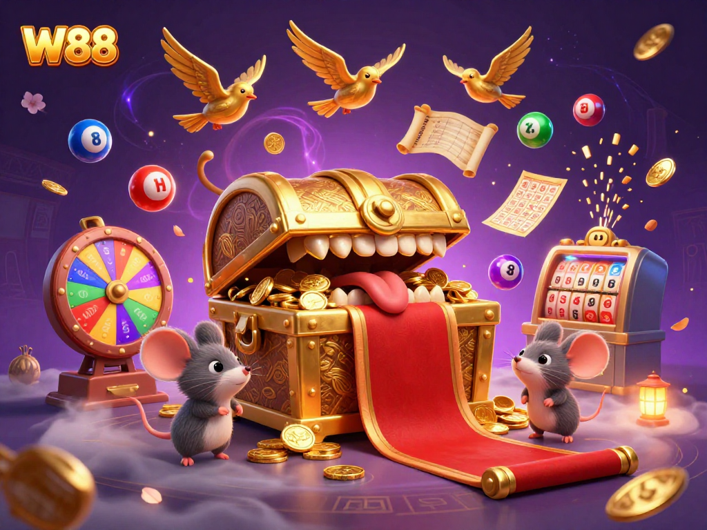 W88's exciting online casino scene with a golden treasure chest, vibrant lottery balls, and dynamic gaming elements.