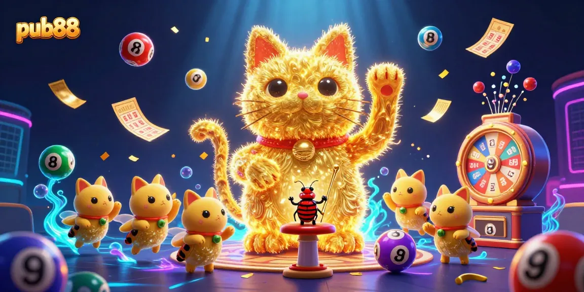 Experience the thrilling excitement of pub88 with a dynamic scene featuring colorful lottery elements and a mesmerizing lucky cat.