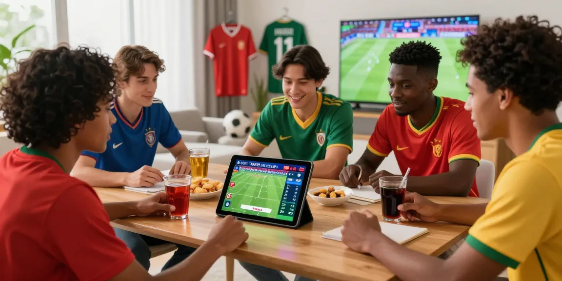 Friends placing bets on tempototo login for FIFA World Cup 2026, enjoying snacks in a modern living room.