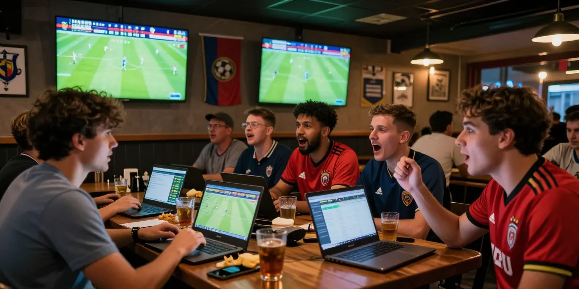 Diverse fans engaged in soi keo nha cai discussions at a lively sports bar during a live soccer match.