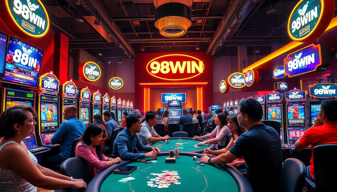 Exciting 98WIN casino gaming scene with diverse players enjoying slots and poker.