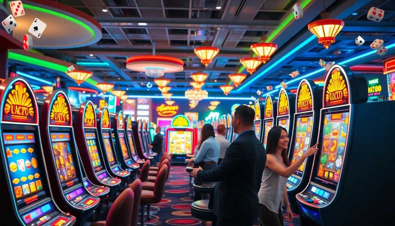 Menang besar di permainan slot gacor berdampingan dengan mesin slot yang cerah.