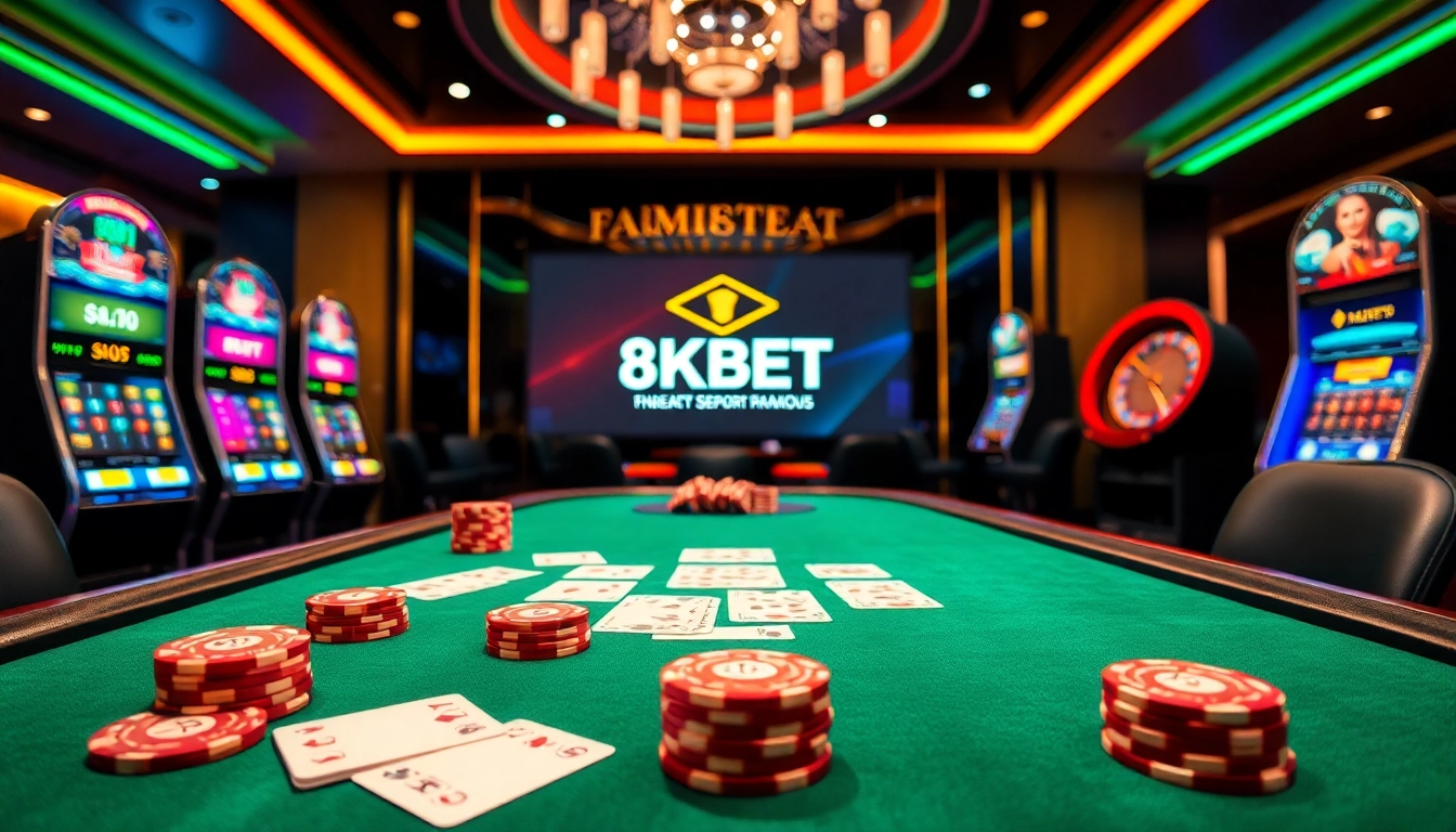 Experience the excitement of 8KBET with vibrant casino games, poker chips, and roulette wheels.
