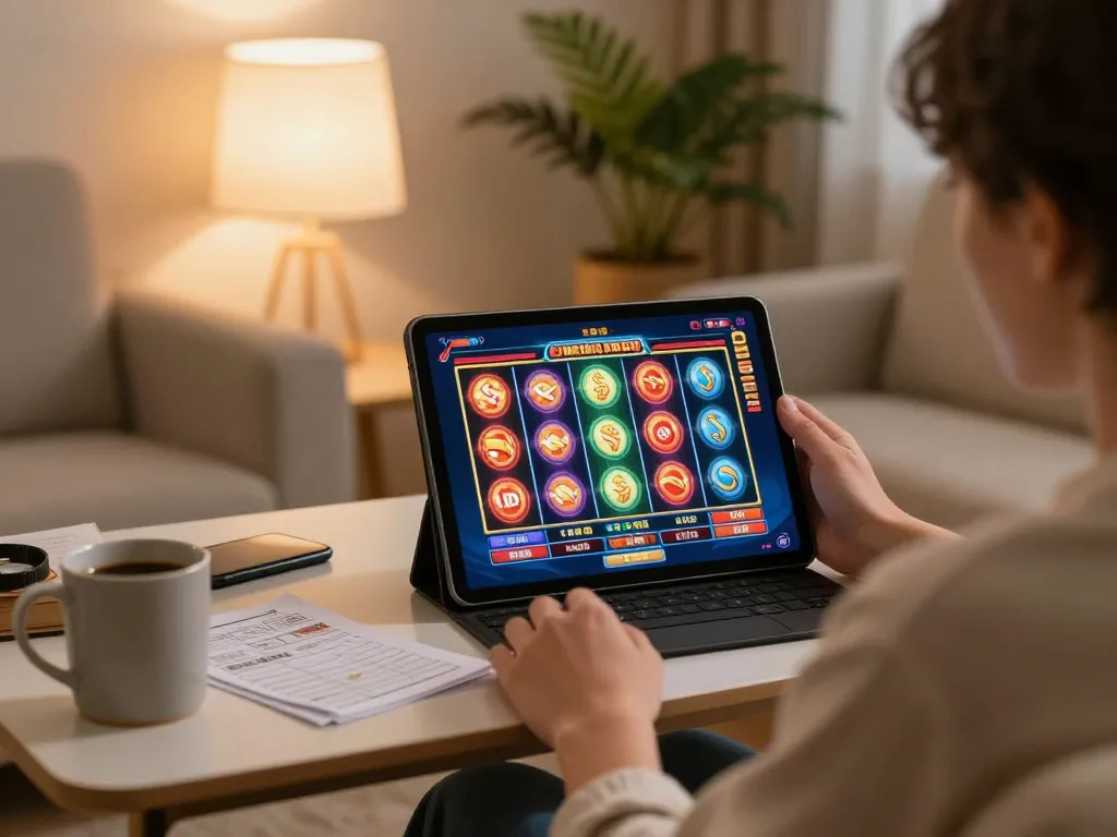Engaging in online gambling at https://123win.click/ on a tablet with vibrant slot games in a cozy home setting.