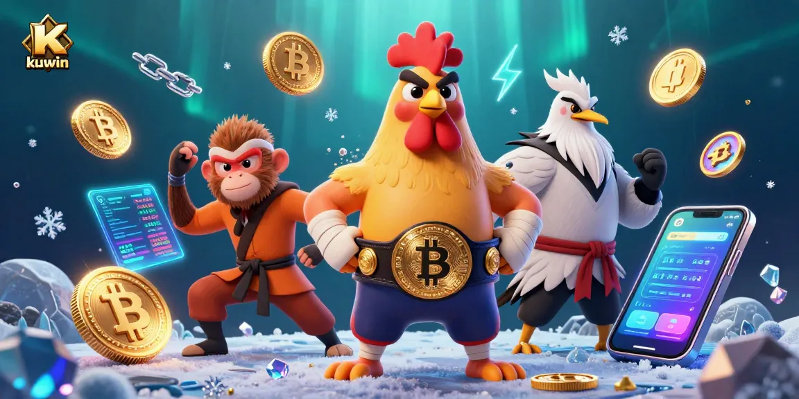 Experience kuwin's vibrant gaming atmosphere with a dynamic scene featuring characters and crypto elements.