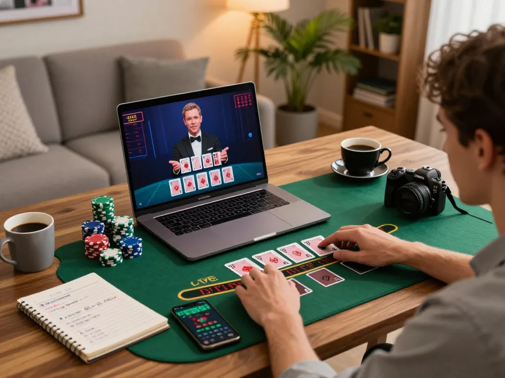 Ledaonline player engaged in live dealer blackjack on a modern laptop, showcasing interactive gaming experience.