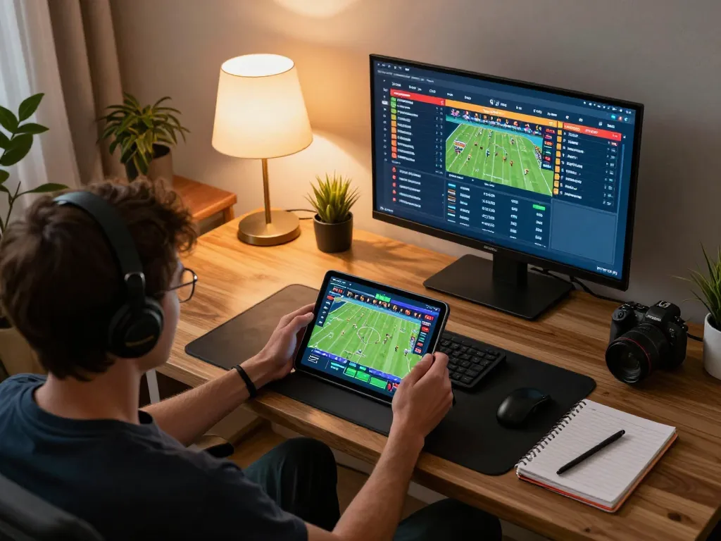 Engaged player exploring 23WIN's sports betting on a tablet in a cozy home setting.
